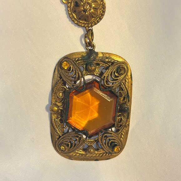 Vintage Gold and Orange Hexagonal Gemstone Necklace - Picture 1 of 15
